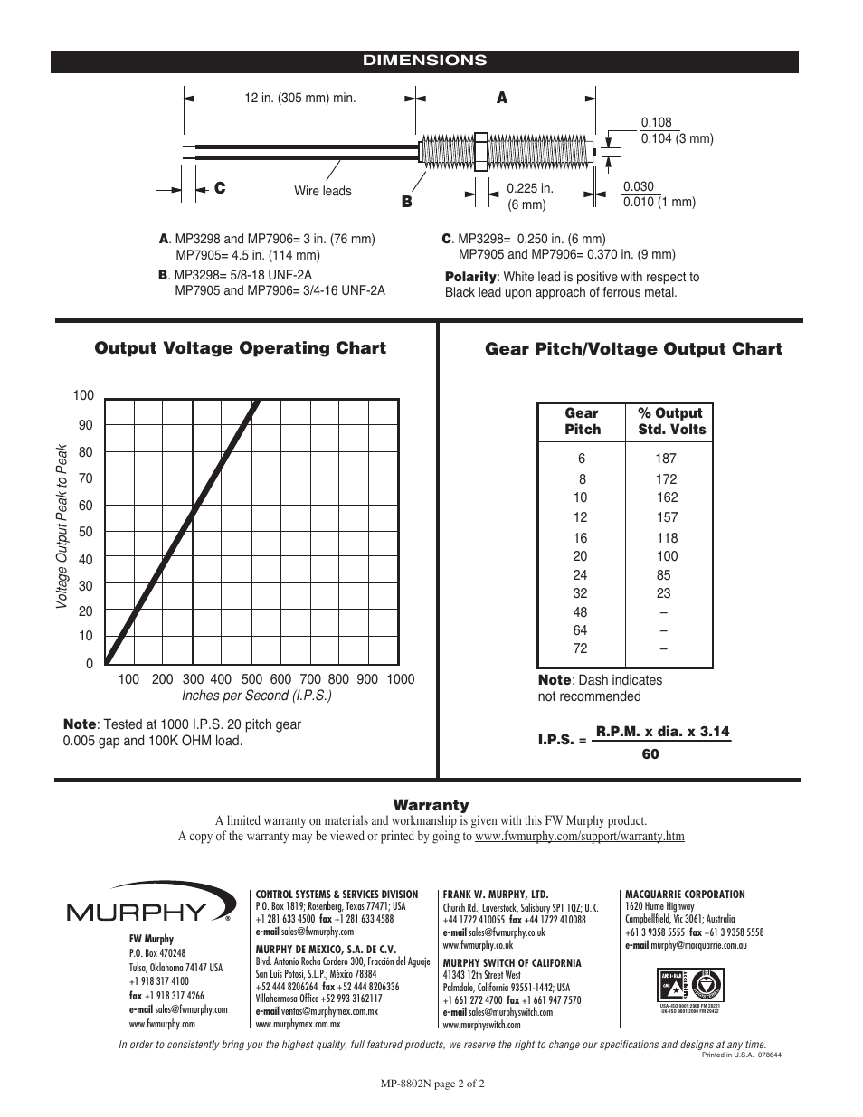 Bc a, Warranty | Murphy Magnetic Pickup MP-8802N User Manual | Page 2 / 2