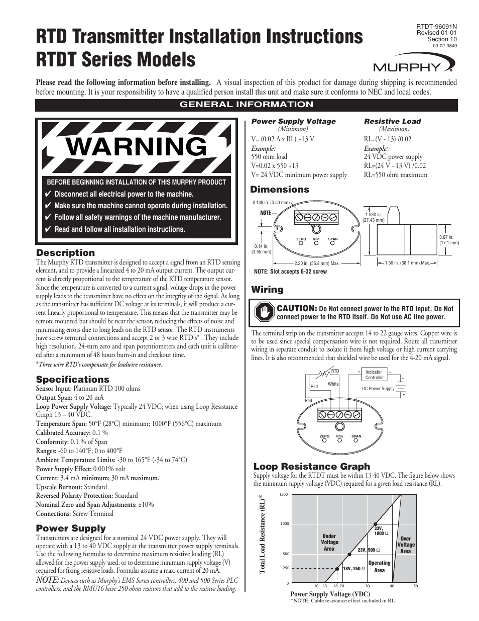 Murphy RTD Transmitter RTDT Series User Manual | 2 pages