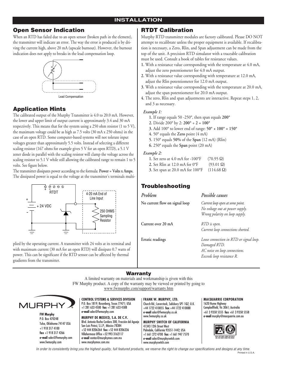 Open sensor indication, Application hints, Rtdt calibration | Troubleshooting problem possible causes, Warranty | Murphy RTD Transmitter RTDT Series User Manual | Page 2 / 2