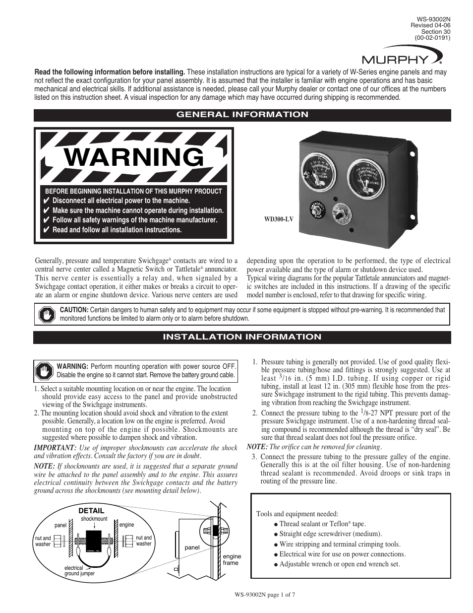 Murphy Engine Panels WD300-LV User Manual | 7 pages