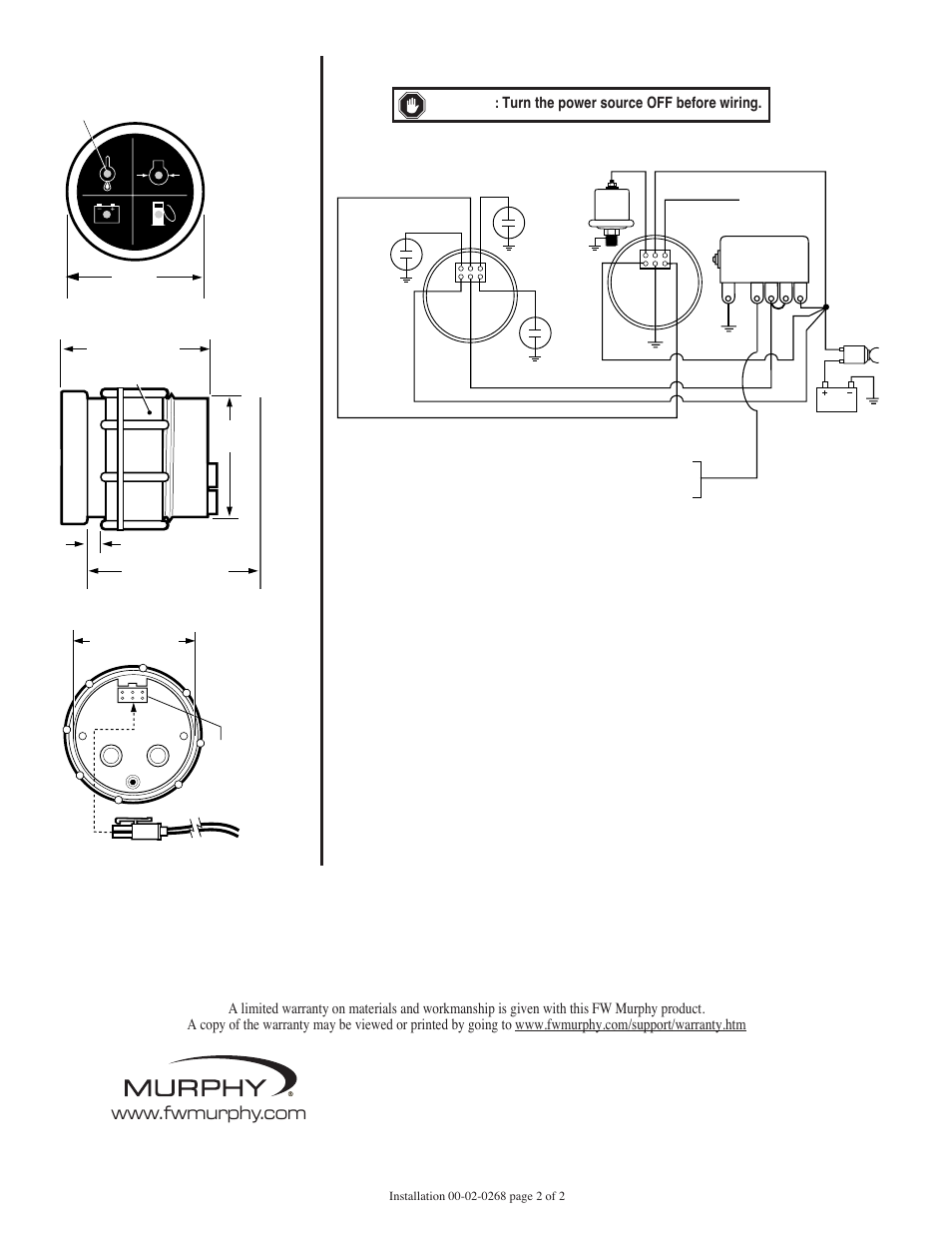 Dimensions, En204-s typical wiring diagram, Warranty | Murphy Tattletale BN204 Series User Manual | Page 2 / 2