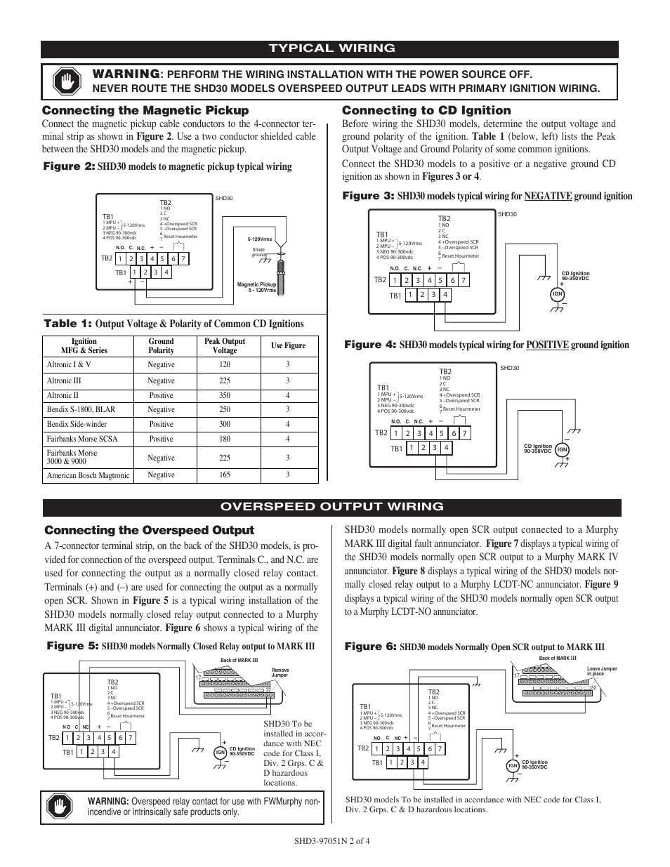 Connecting the magnetic pickup, Connecting to cd ignition, Warning | Connecting the overspeed output, Typical wiring, Overspeed output wiring, Figure 6 | Murphy Digital Tach/Hourmeter with Overspeed Trip Point SHD30 User Manual | Page 2 / 4