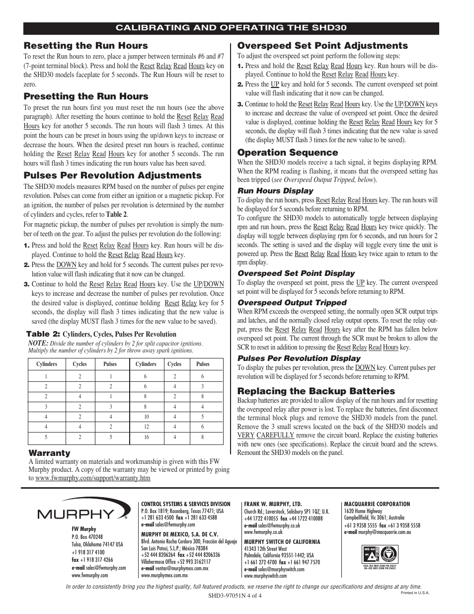 Resetting the run hours, Presetting the run hours, Pulses per revolution adjustments | Overspeed set point adjustments, Operation sequence, Replacing the backup batteries, Warranty | Murphy Digital Tach/Hourmeter with Overspeed Trip Point SHD30 User Manual | Page 4 / 4