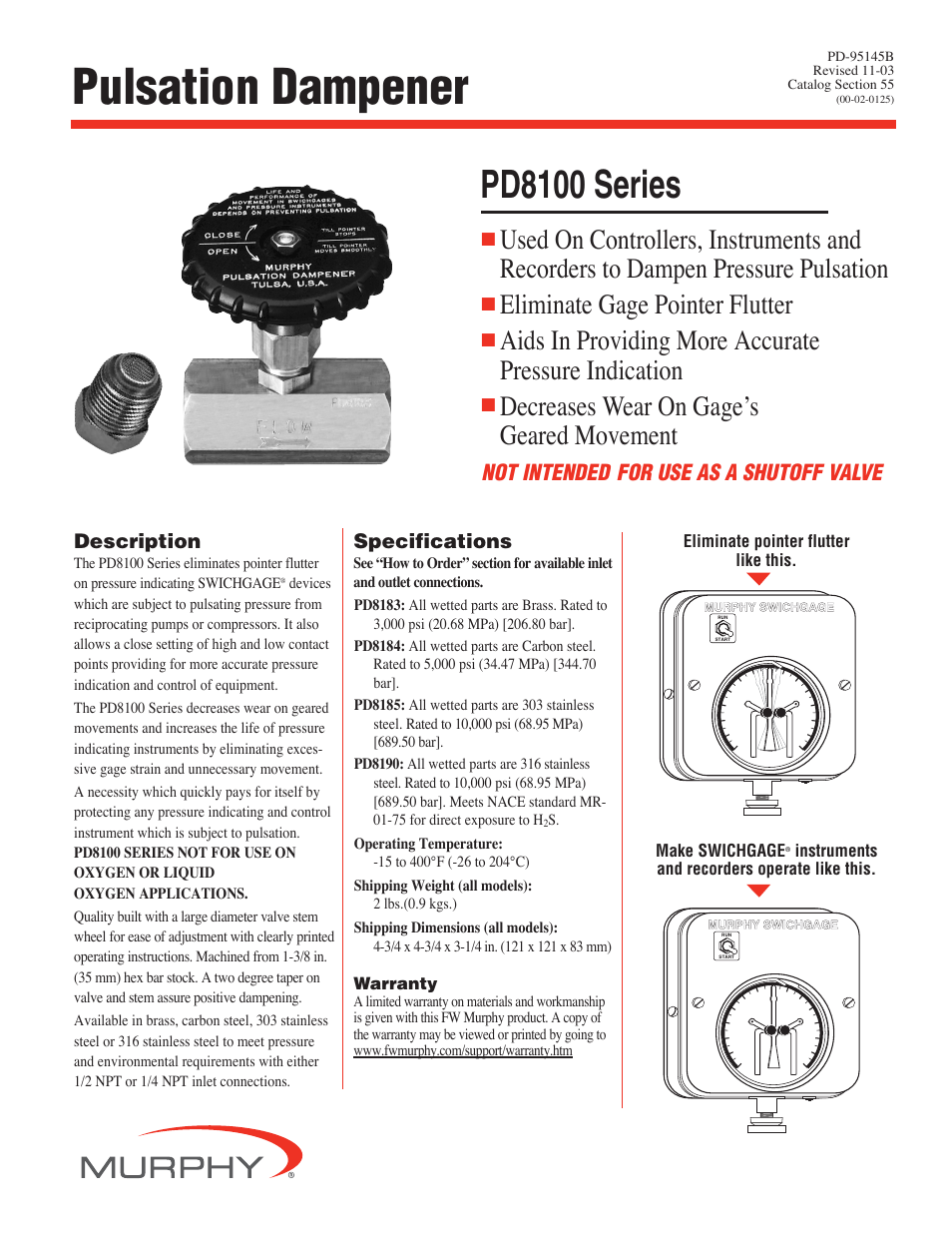 Murphy Pulsation Dampener PD8100 Series User Manual | 2 pages