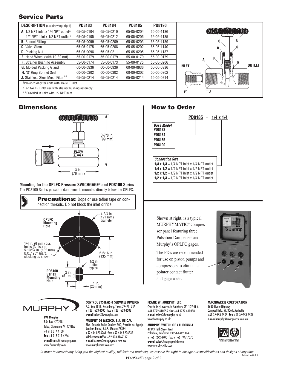 Service parts, How to order, Dimensions | Precautions | Murphy Pulsation Dampener PD8100 Series User Manual | Page 2 / 2