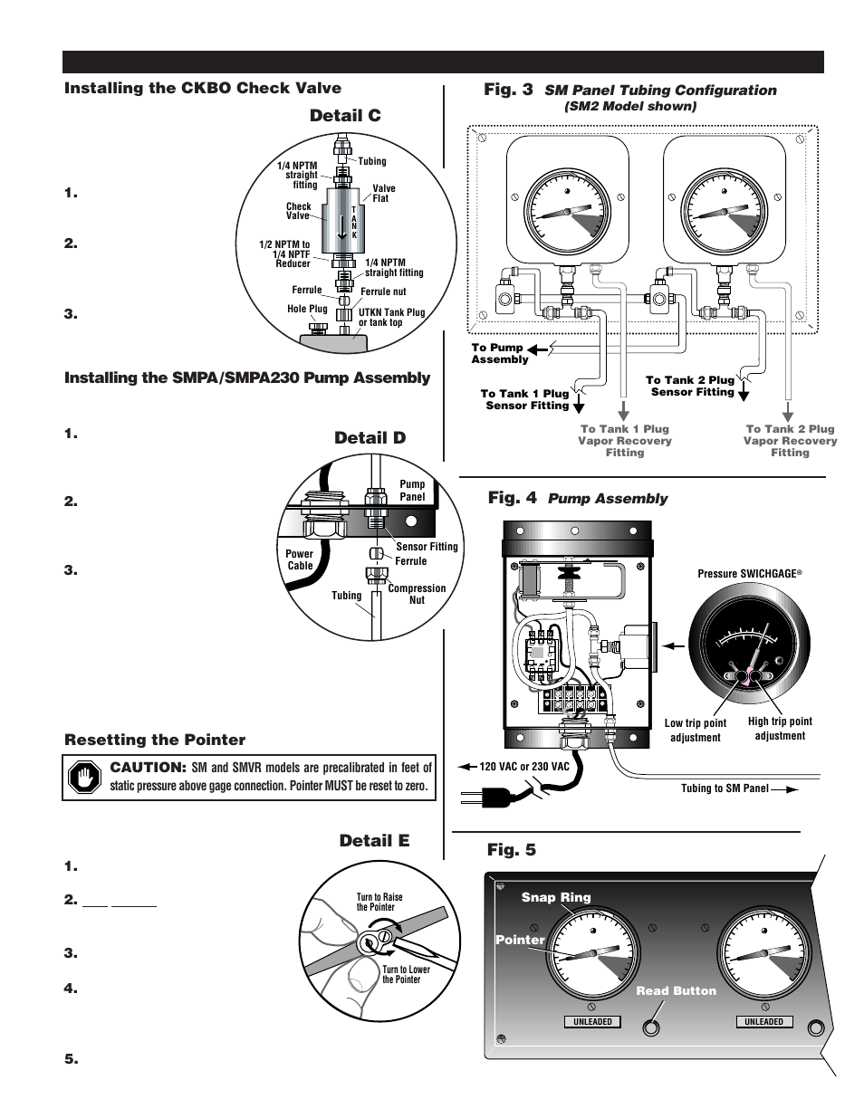 Fig. 4, Detail d, Detail e | Detail c fig. 3, Fig. 5, Installing the ckbo check valve, Installing the smpa /smpa230 pump assembly, Resetting the pointer, Sm panel (sm2 model shown), Continued | Murphy SM1 User Manual | Page 3 / 4