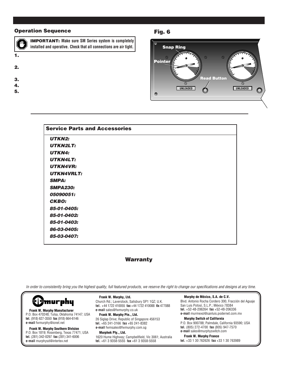 Warranty, Fig. 6, Operation sequence | Service parts and accessories | Murphy SM1 User Manual | Page 4 / 4