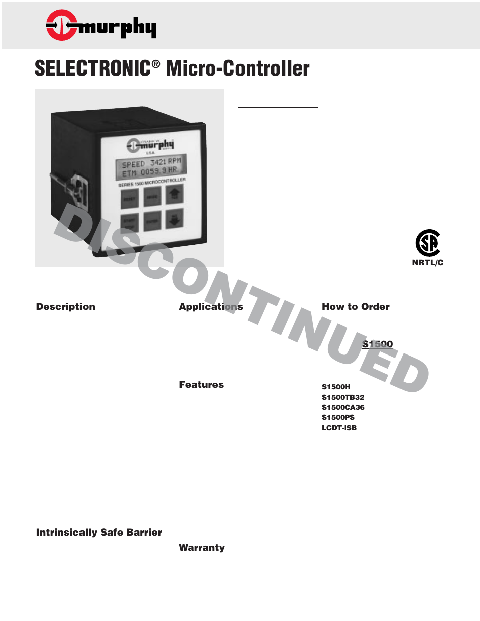 Murphy Selectronic Micro-Controller Series 1500 User Manual | 4 pages
