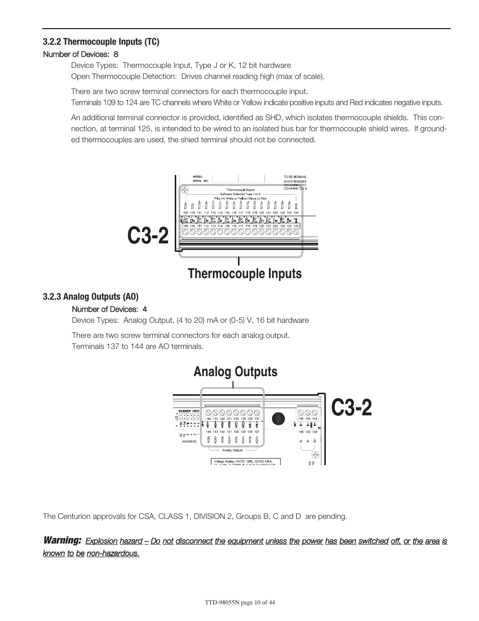 C3-2, Thermocouple inputs, Analog outputs | 0 hazardous area operation, Warning | Murphy Centurion Configurable Controller CE-05171N User Manual | Page 10 / 44