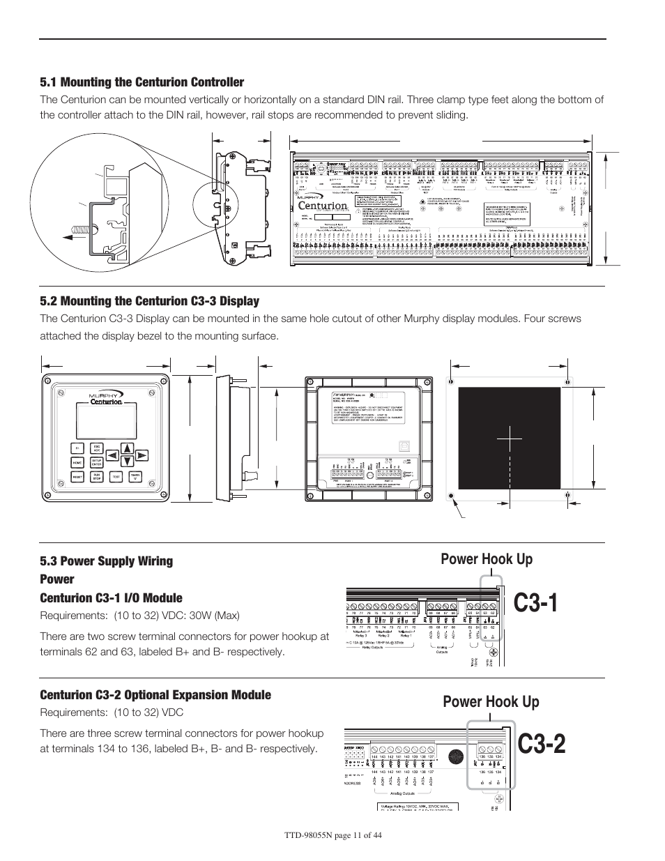 C3-2, Power hook up, 0 hardware installation and wiring | C3-1 | Murphy Centurion Configurable Controller CE-05171N User Manual | Page 11 / 44