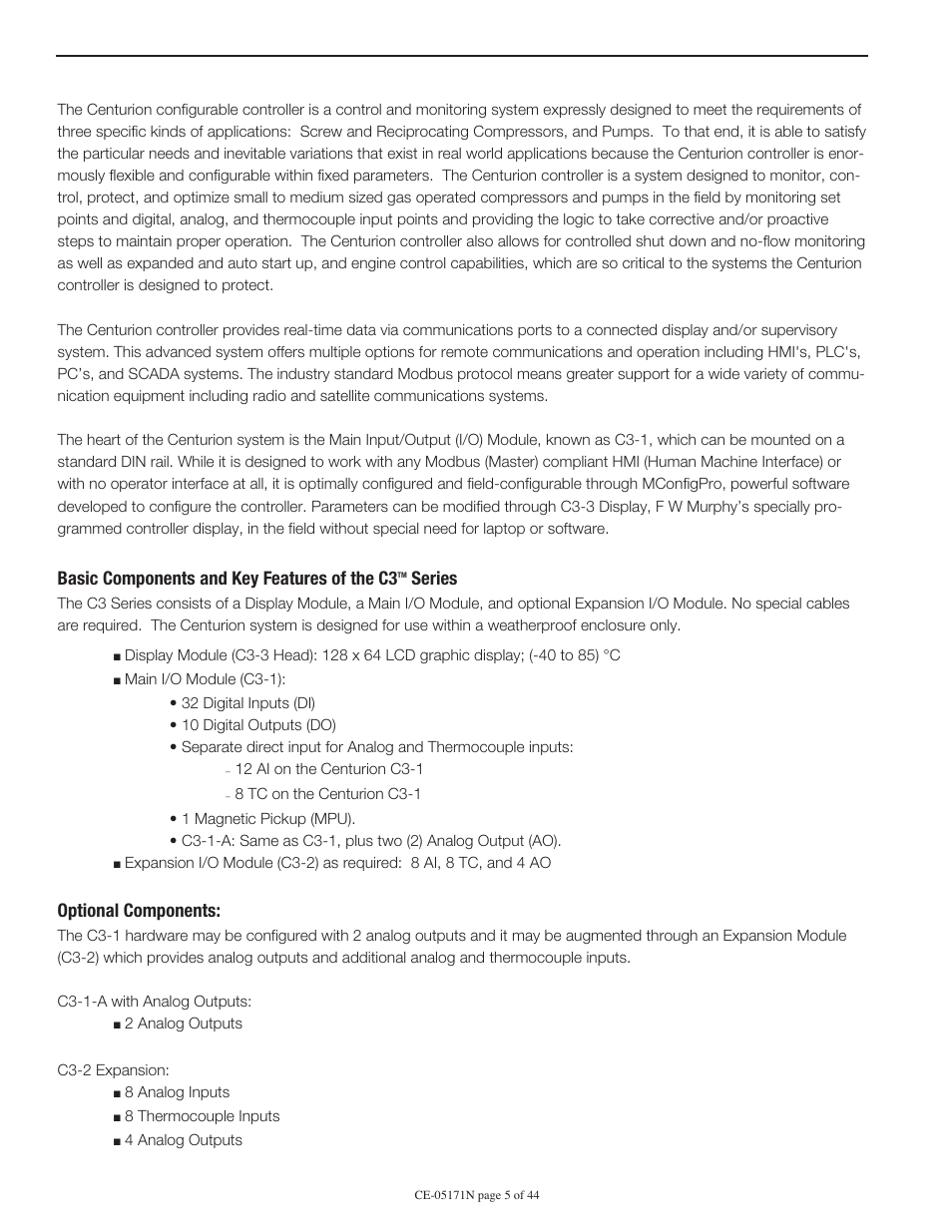 0 overview, Basic components and key features of the c3, Series | Optional components | Murphy Centurion Configurable Controller CE-05171N User Manual | Page 5 / 44
