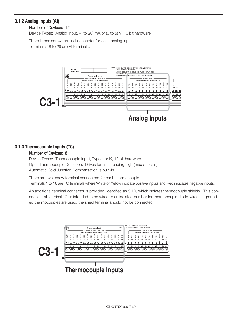 C3-1, Analog inputs, Thermocouple inputs | Murphy Centurion Configurable Controller CE-05171N User Manual | Page 7 / 44