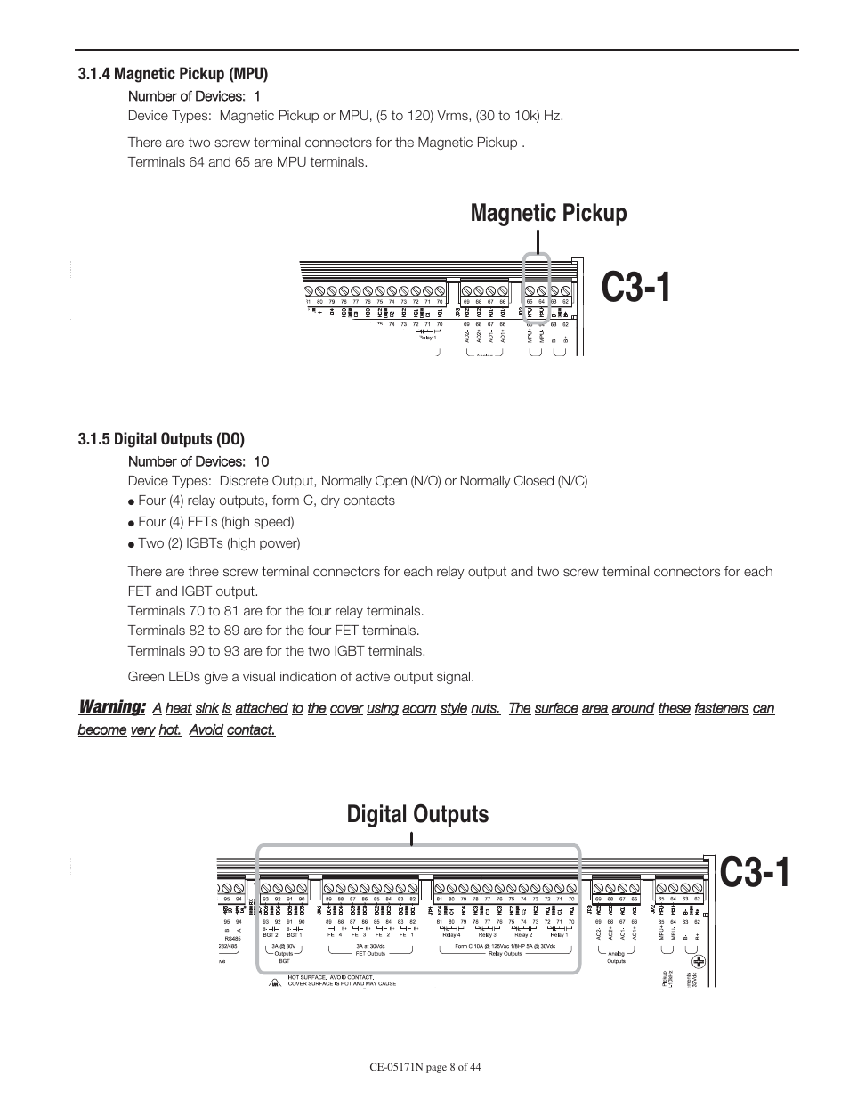 C3-1, Magnetic pickup, Digital outputs | Warning | Murphy Centurion Configurable Controller CE-05171N User Manual | Page 8 / 44
