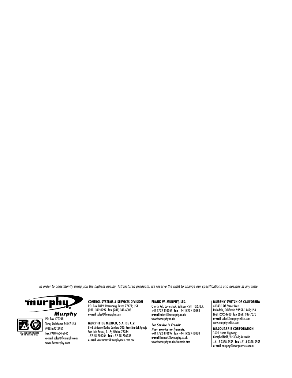 Fw murphy | Murphy A900 Series User Manual | Page 28 / 28