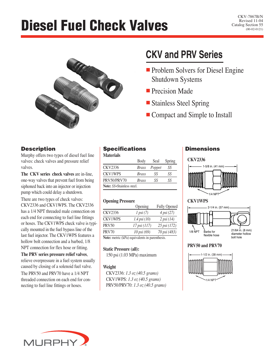 Murphy Diesel Fuel Check Valves PRV70 User Manual | 2 pages