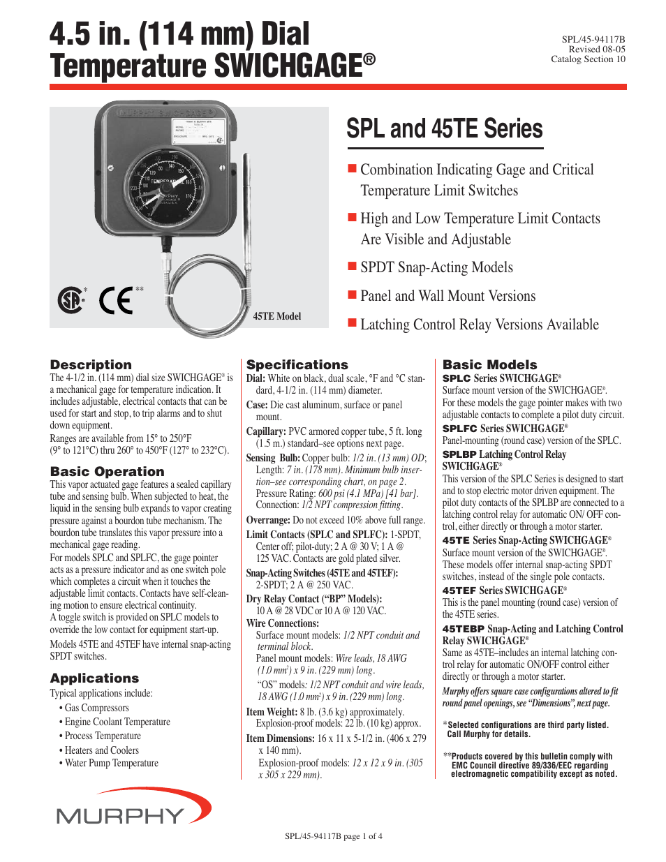 Murphy Temperature SWICHGAGE SPL User Manual | 4 pages