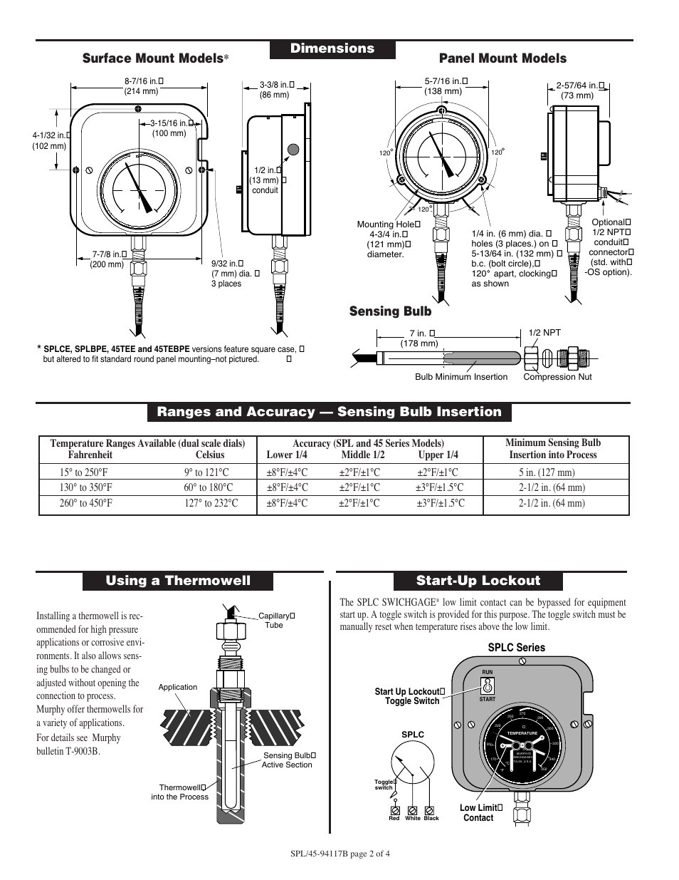 Sensing bulb panel mount models, Using a thermowell start-up lockout | Murphy Temperature SWICHGAGE SPL User Manual | Page 2 / 4