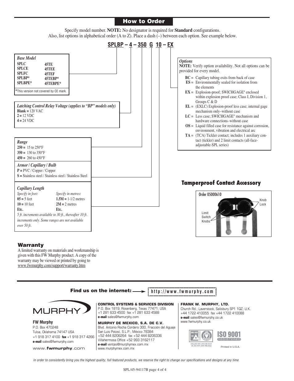 Tamperproof contact accessory, Warranty | Murphy Temperature SWICHGAGE SPL User Manual | Page 4 / 4