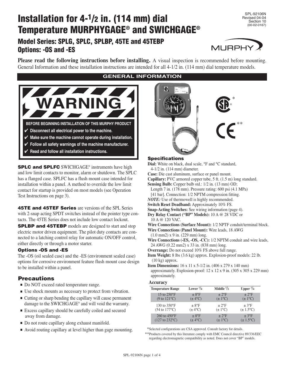 Murphy SWICHGAGE 45TEBP User Manual | 4 pages