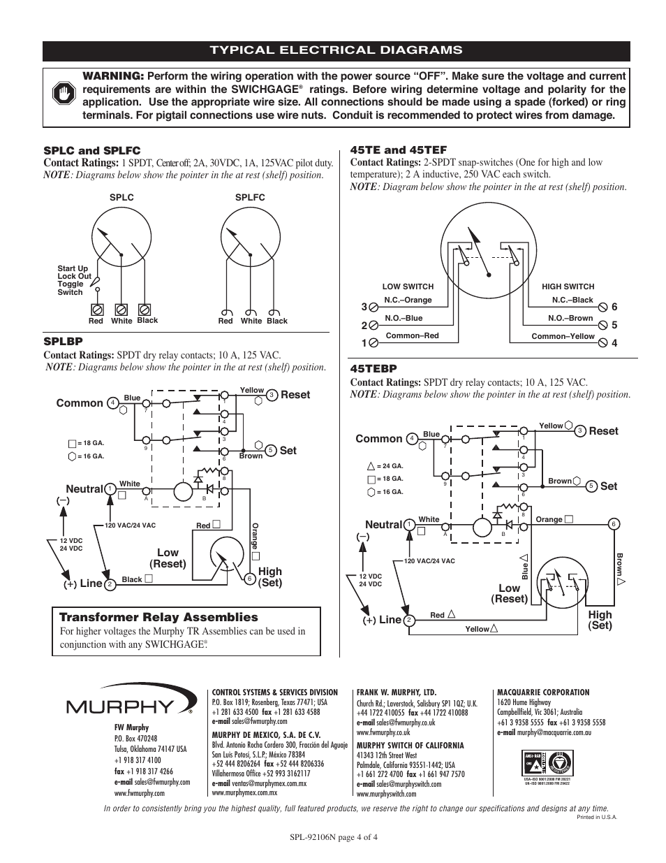 Contact ratings, Transformer relay assemblies, Low (reset) high (set) set reset | Line neutral common | Murphy SWICHGAGE 45TEBP User Manual | Page 4 / 4