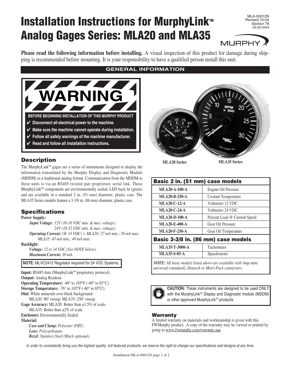 Murphy MLA35 User Manual | 2 pages