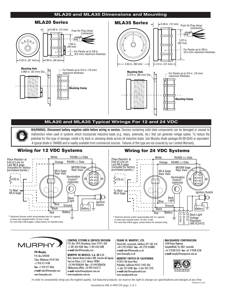 Mla20 series mla35 series, Mla20 and mla35 dimensions and mounting | Murphy MLA35 User Manual | Page 2 / 2