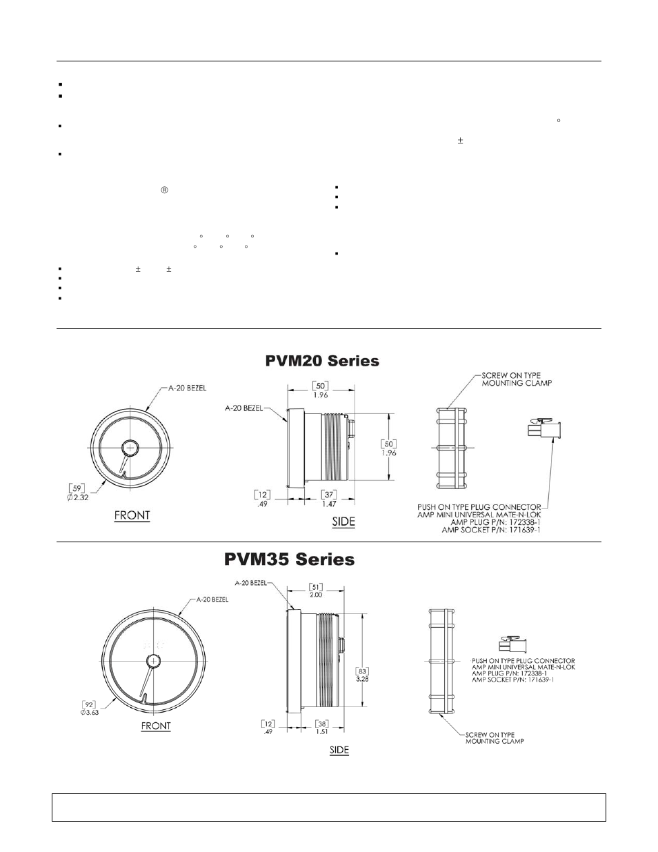 Specifications, Typical gage dimensions | Murphy PowerView PVM Series User Manual | Page 2 / 4