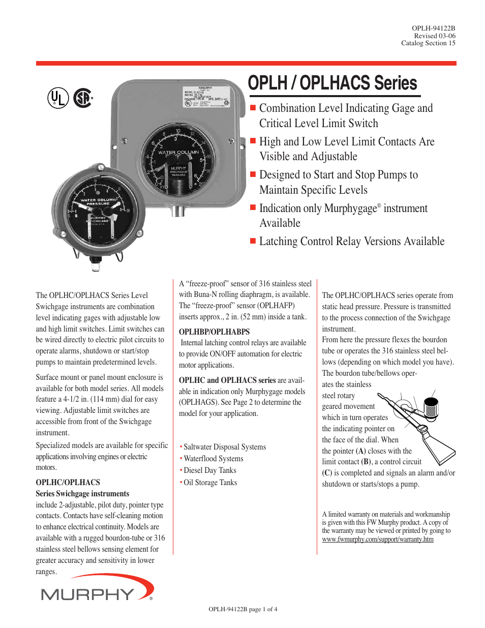 Murphy Level Swichgage Instrument OPLH User Manual | 4 pages