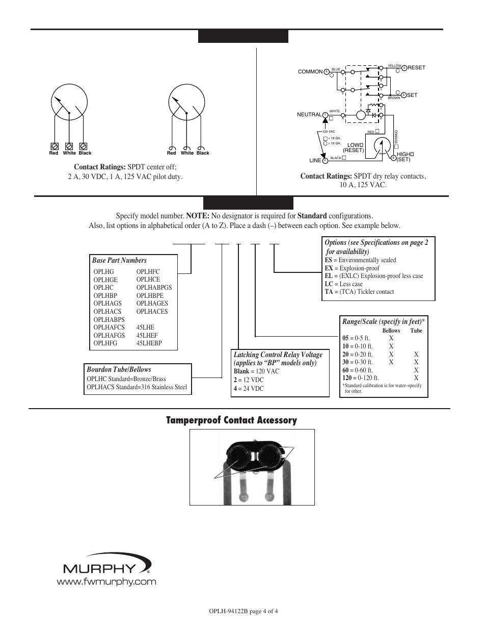 How to order, Internal wiring, Oplhbp – – 2 – 30 – ta | Tamperproof contact accessory, Bourdon tube/bellows, Range/scale (specify in feet), Oplhce, oplhfc, oplhaces and oplhafcs series | Murphy Level Swichgage Instrument OPLH User Manual | Page 4 / 4