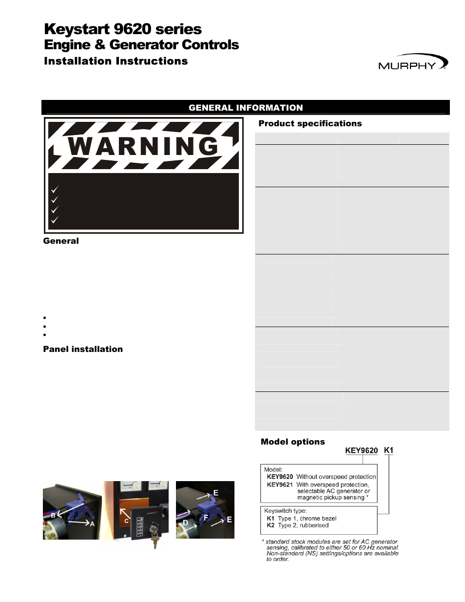 Murphy Engine and Generator Controls Keystart 9620 User Manual | 4 pages