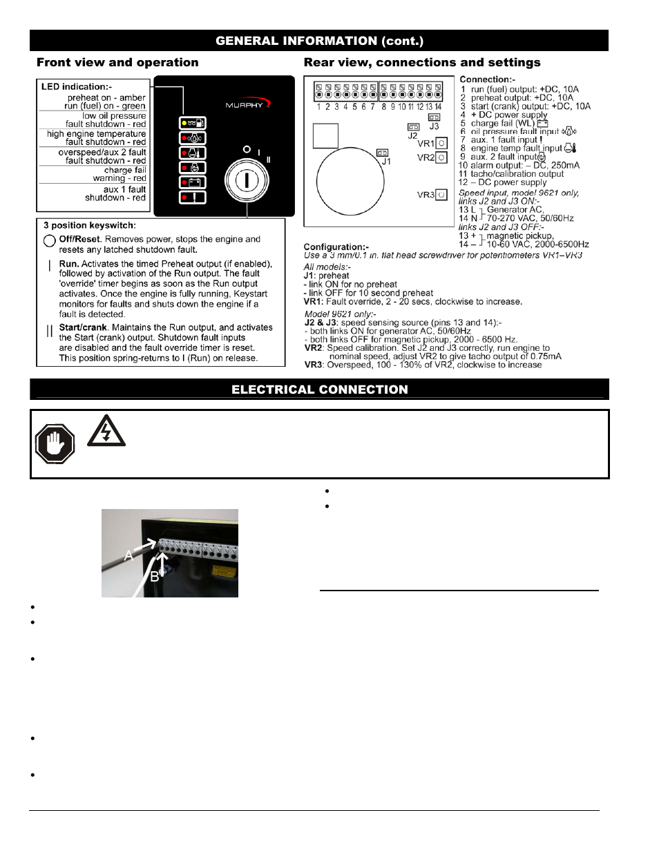 Rear view, connections and settings, Electrical connection | Murphy Engine and Generator Controls Keystart 9620 User Manual | Page 2 / 4