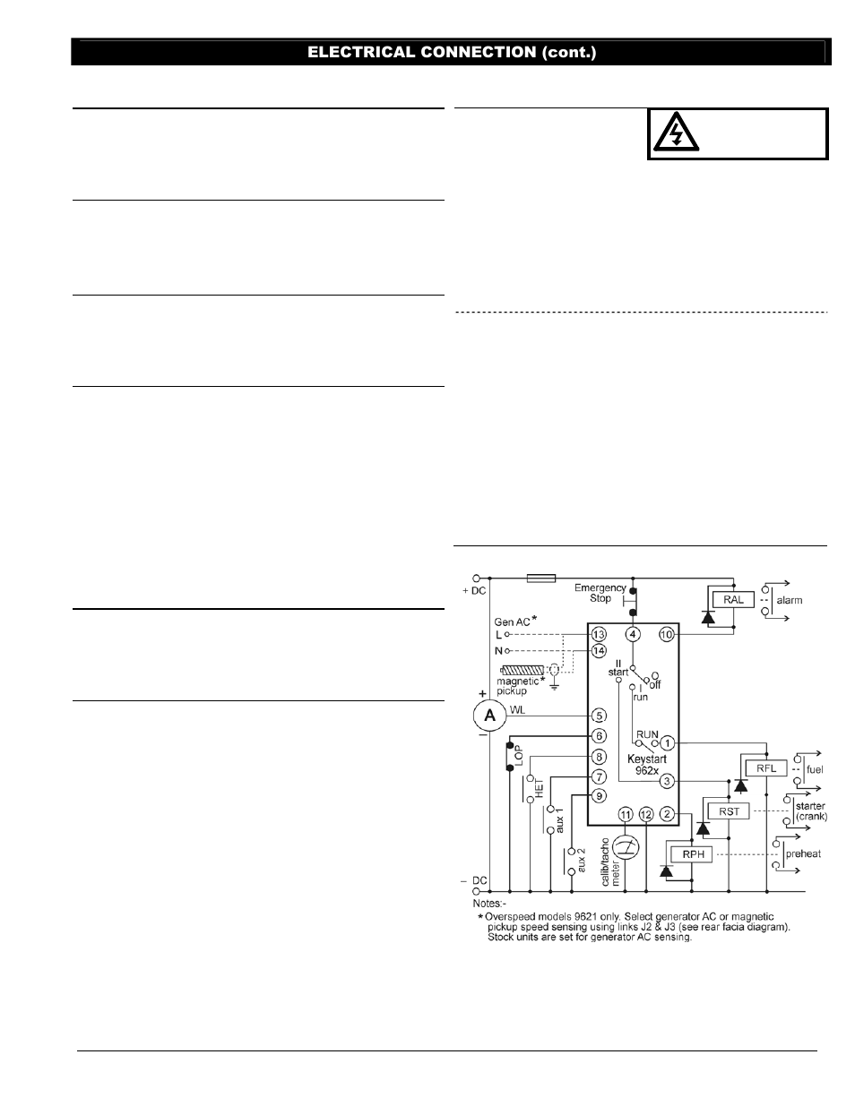 Danger ! high volts, Electrical connection (cont.) | Murphy Engine and Generator Controls Keystart 9620 User Manual | Page 3 / 4