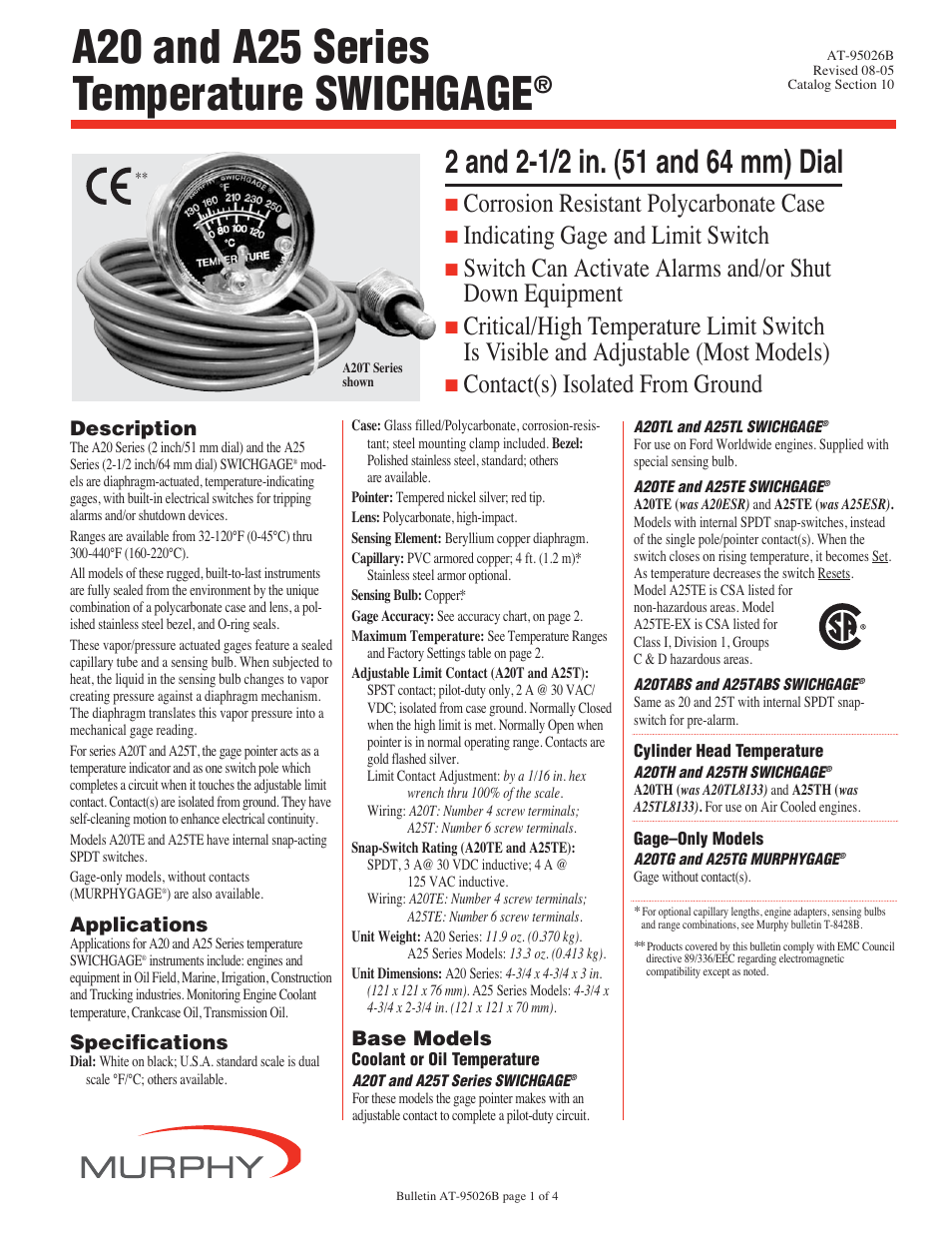 Murphy Temperature SWICHGAGE A20 Series User Manual | 4 pages