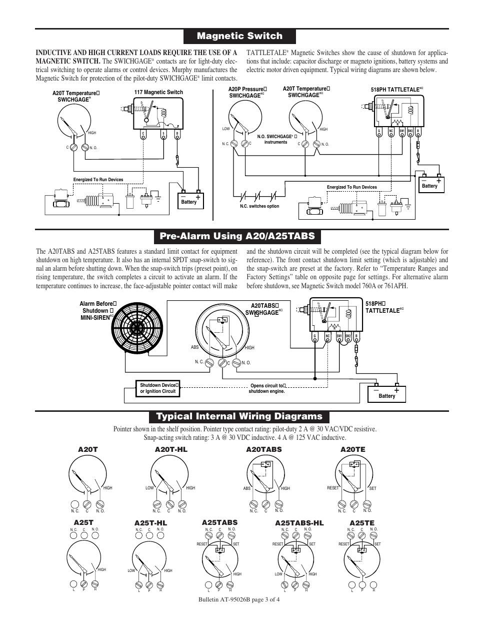 Magnetic switch, Limit contacts. tattletale | Murphy Temperature SWICHGAGE A20 Series User Manual | Page 3 / 4