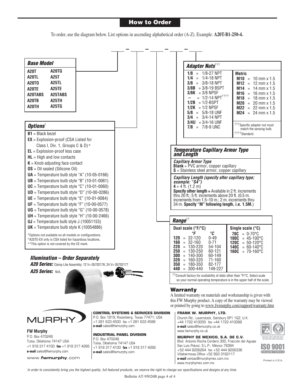 How to order, Base model, Temperature capillary armor type and length | Options, Illumination – order separately, Adapter nuts, Warranty | Murphy Temperature SWICHGAGE A20 Series User Manual | Page 4 / 4