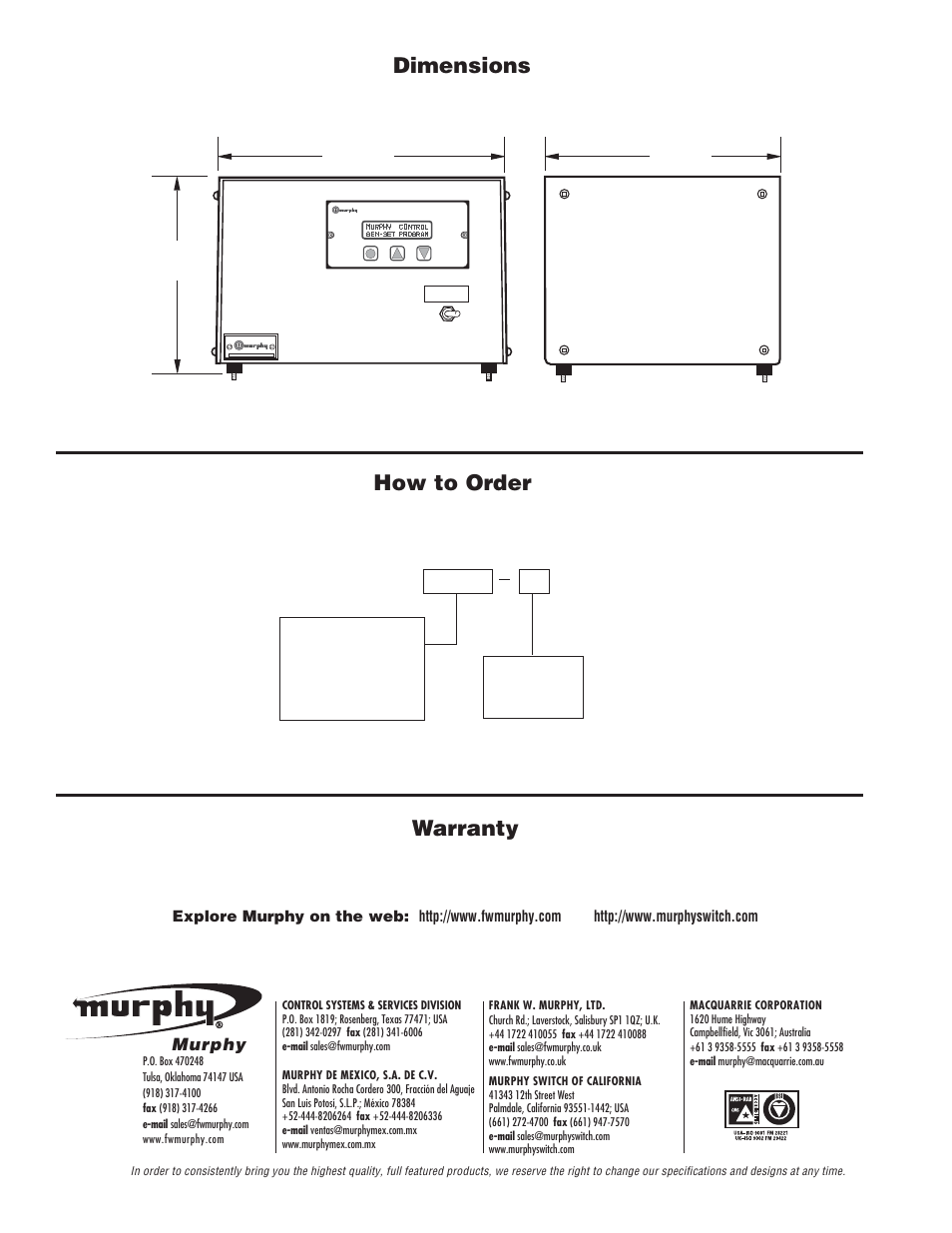 Warranty, Dimensions how to order, Fw murphy | Front view, Side view | Murphy Digital Generator Panels MGC547 User Manual | Page 2 / 2