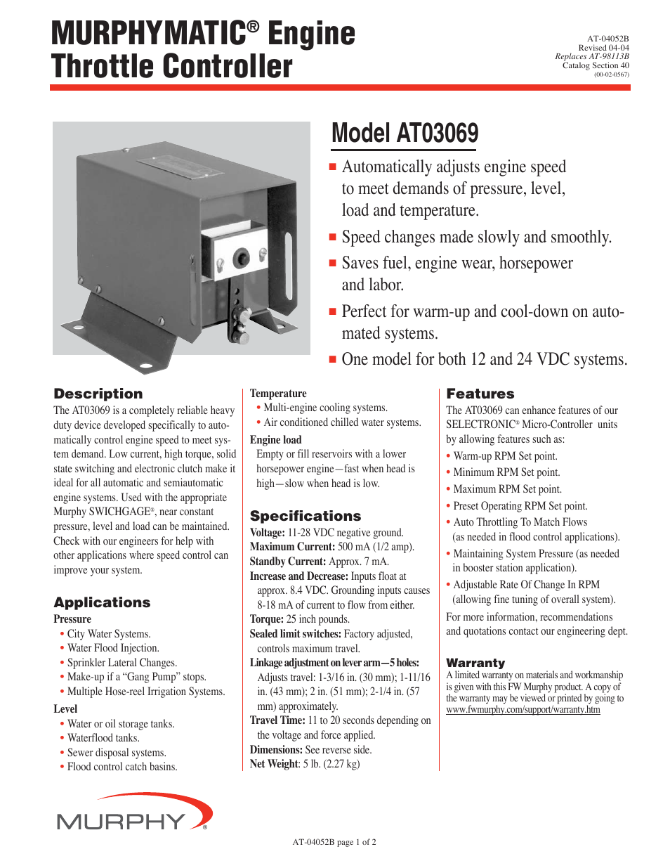 Murphy AT03069 User Manual | 2 pages