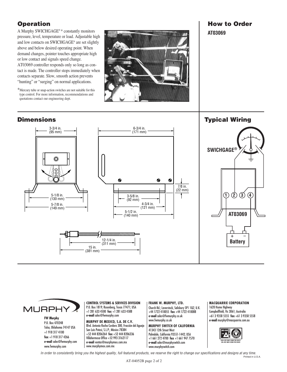 Operation, How to order, Dimensions typical wiring | Murphy AT03069 User Manual | Page 2 / 2