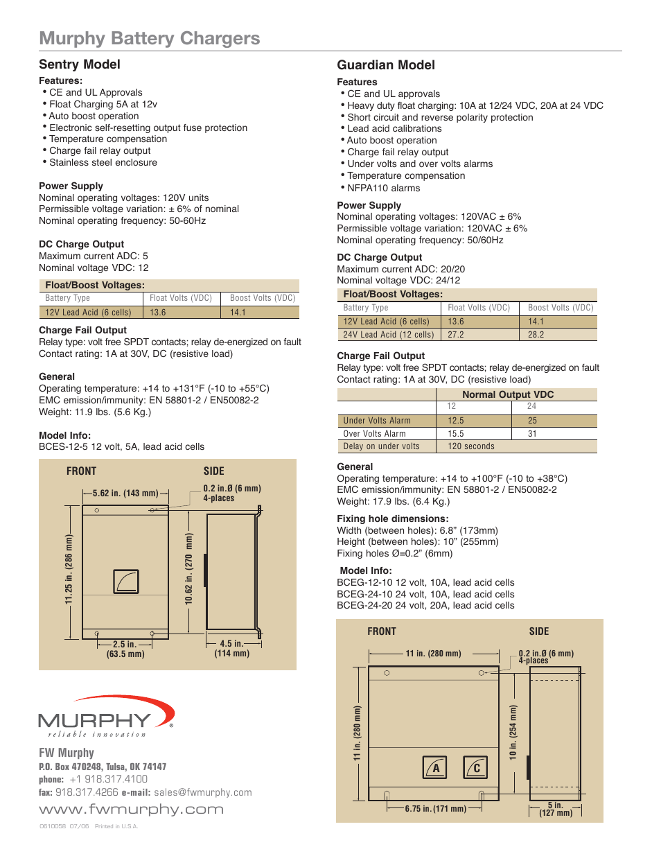 Murphy battery chargers, Sentry model, Guardian model | Fw murphy | Murphy CE User Manual | Page 2 / 2