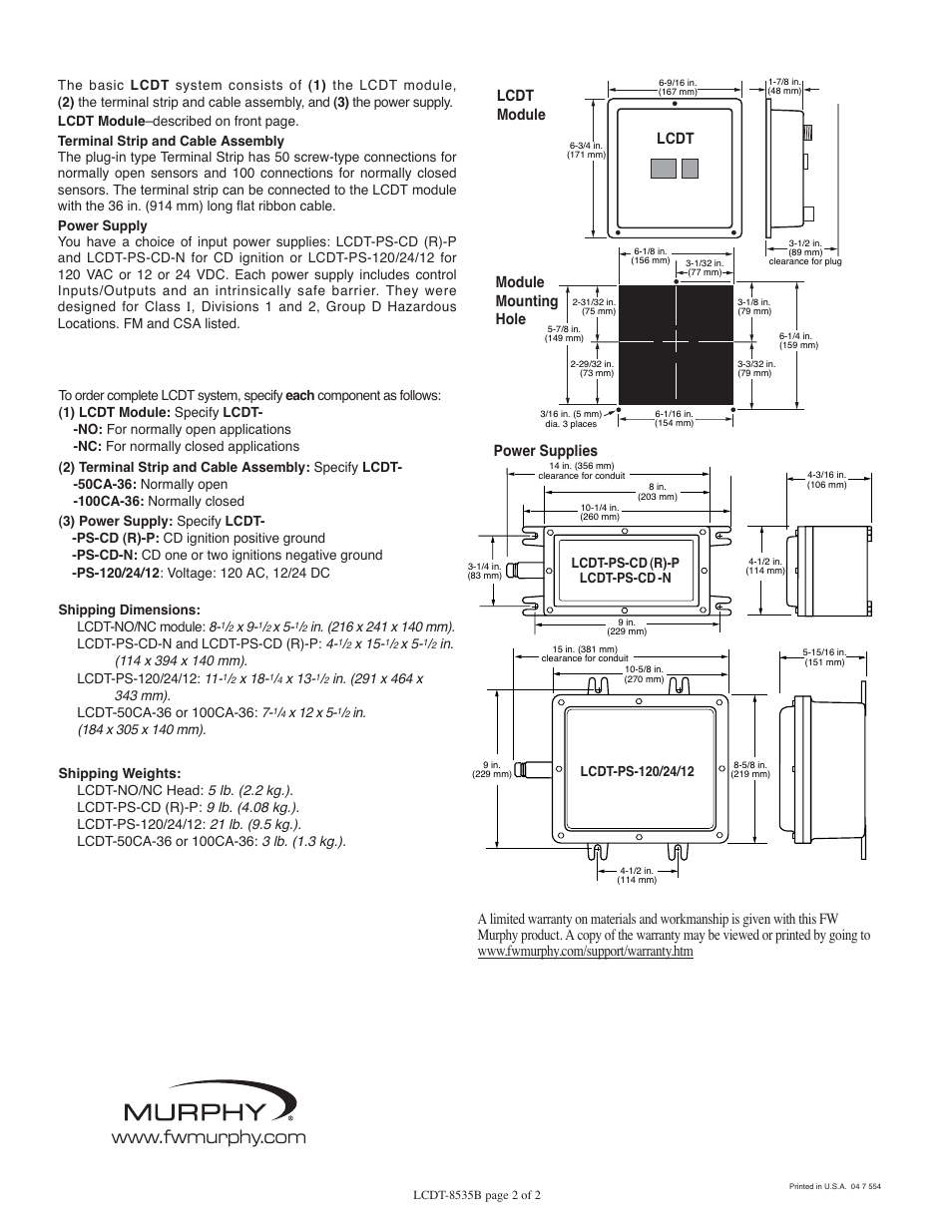 How to order, Lcdt system, Dimensions | Warranty, Module mounting hole, Lcdt, Lcdt module power supplies | Murphy LCDT Selectronic Tattletale System LCDT-8535B User Manual | Page 2 / 2