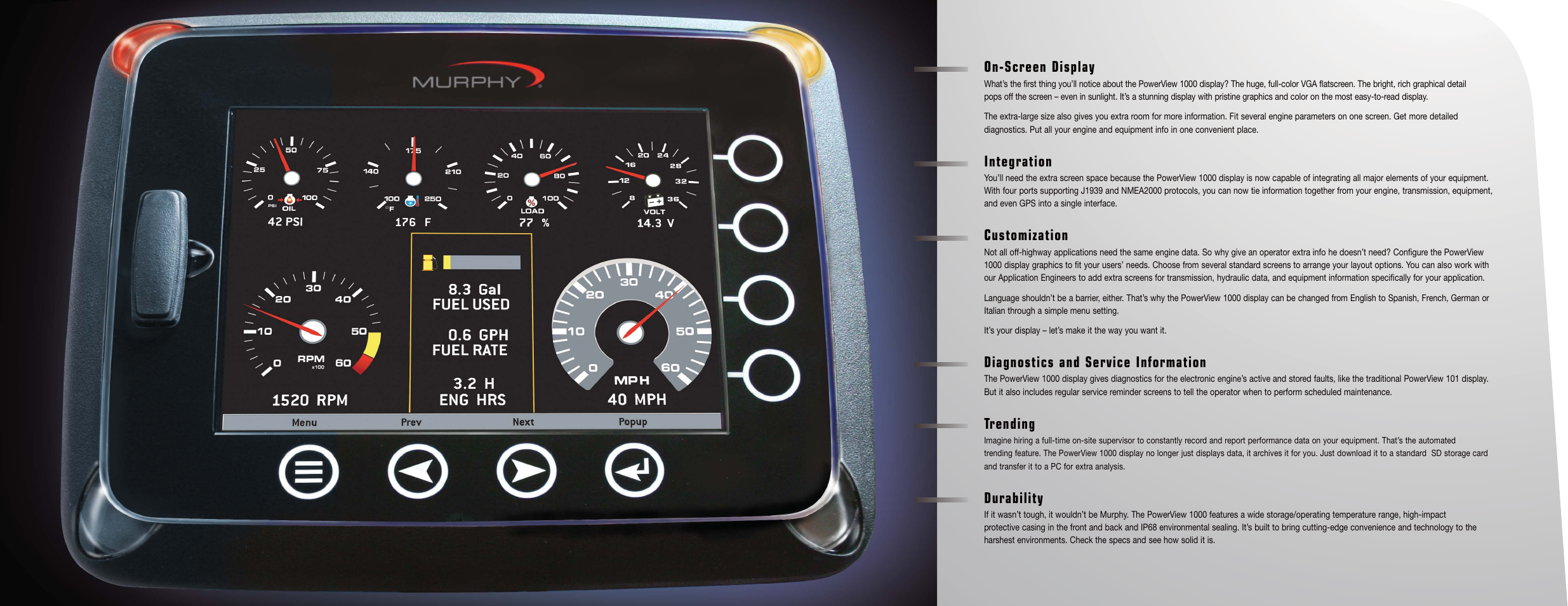 On-screen display, Integration, Customization | Diagnostics and service information, Trending, Durability | Murphy PowerView 1000 PV1000 User Manual | Page 4 / 6