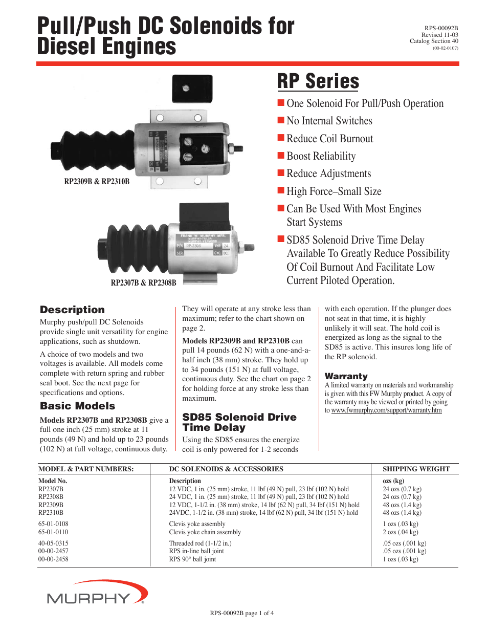Murphy Pull/Push DC Solenoids RP2310B User Manual | 4 pages