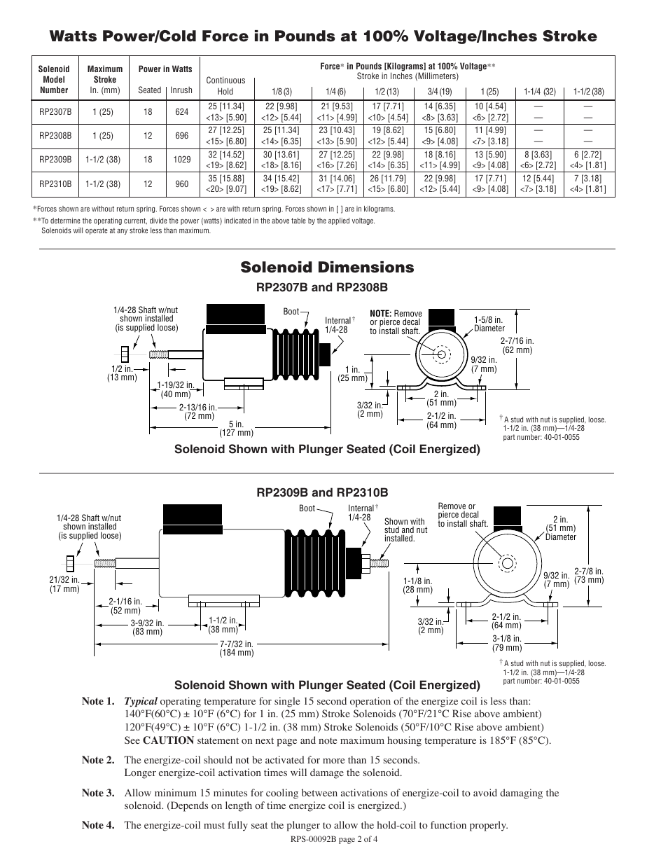 Solenoid dimensions | Murphy Pull/Push DC Solenoids RP2310B User Manual | Page 2 / 4