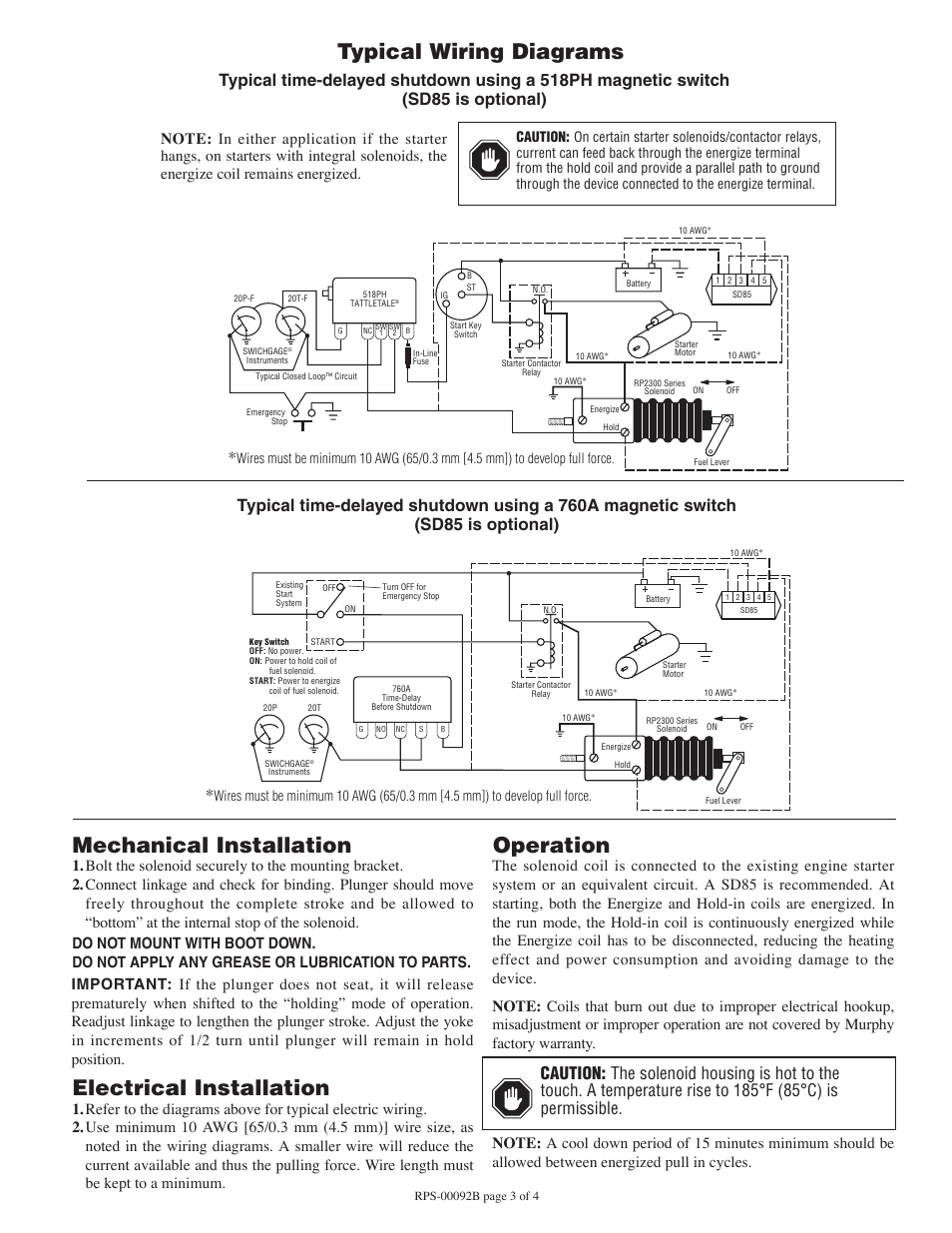 Mechanical installation, Electrical installation, Operation | Typical wiring diagrams | Murphy Pull/Push DC Solenoids RP2310B User Manual | Page 3 / 4