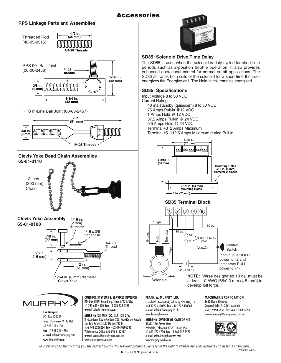 Accessories, Rps linkage parts and assemblies, Sd85: solenoid drive time delay | Sd85: specifications | Murphy Pull/Push DC Solenoids RP2310B User Manual | Page 4 / 4