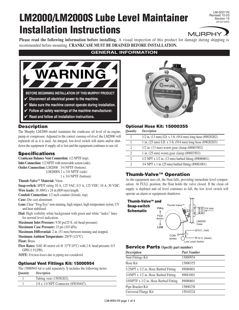 Murphy Lube Level Maintainer LM2000 User Manual | 4 pages