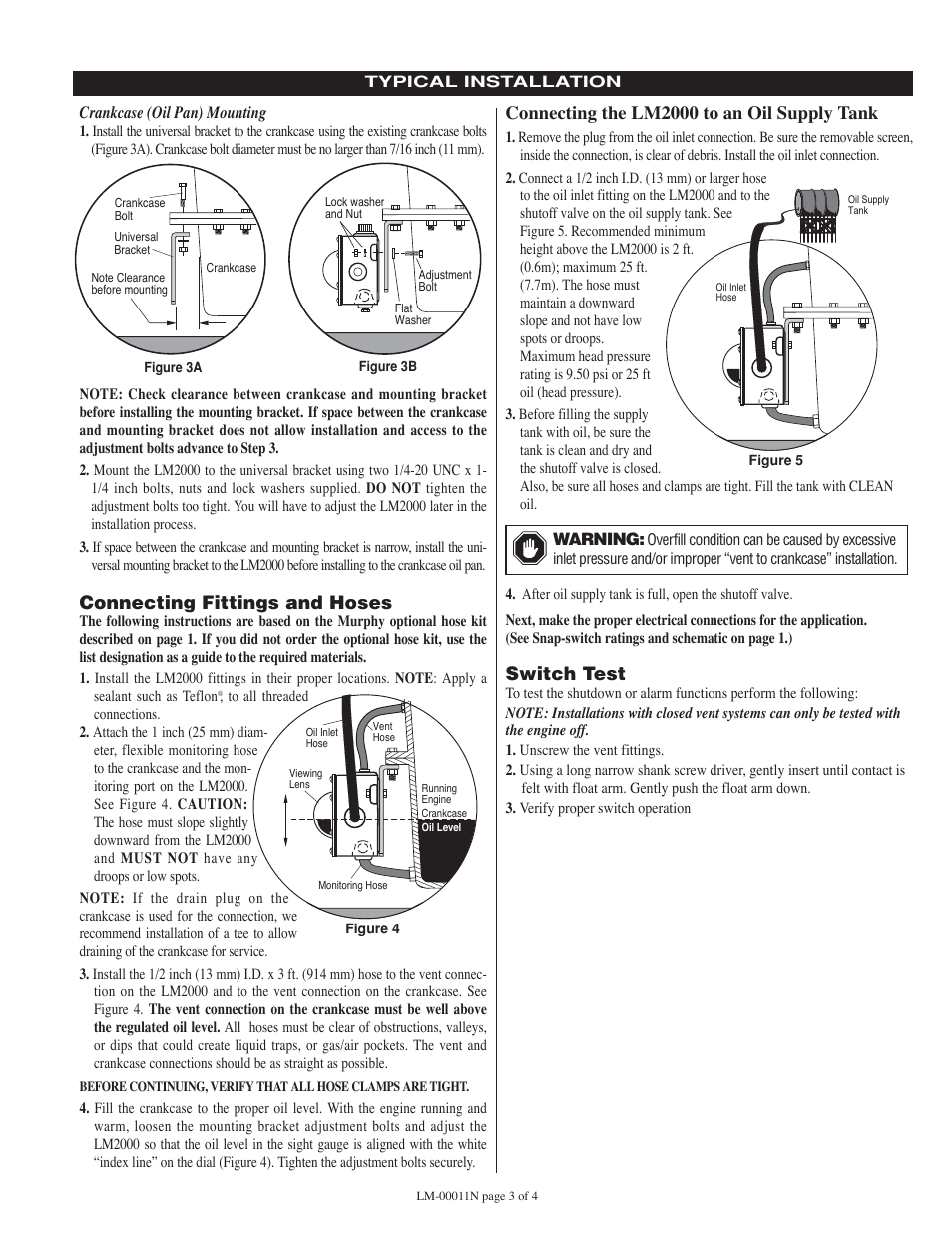 Connecting fittings and hoses, Connecting the lm2000 to an oil supply tank, Switch test | Murphy Lube Level Maintainer LM2000 User Manual | Page 3 / 4