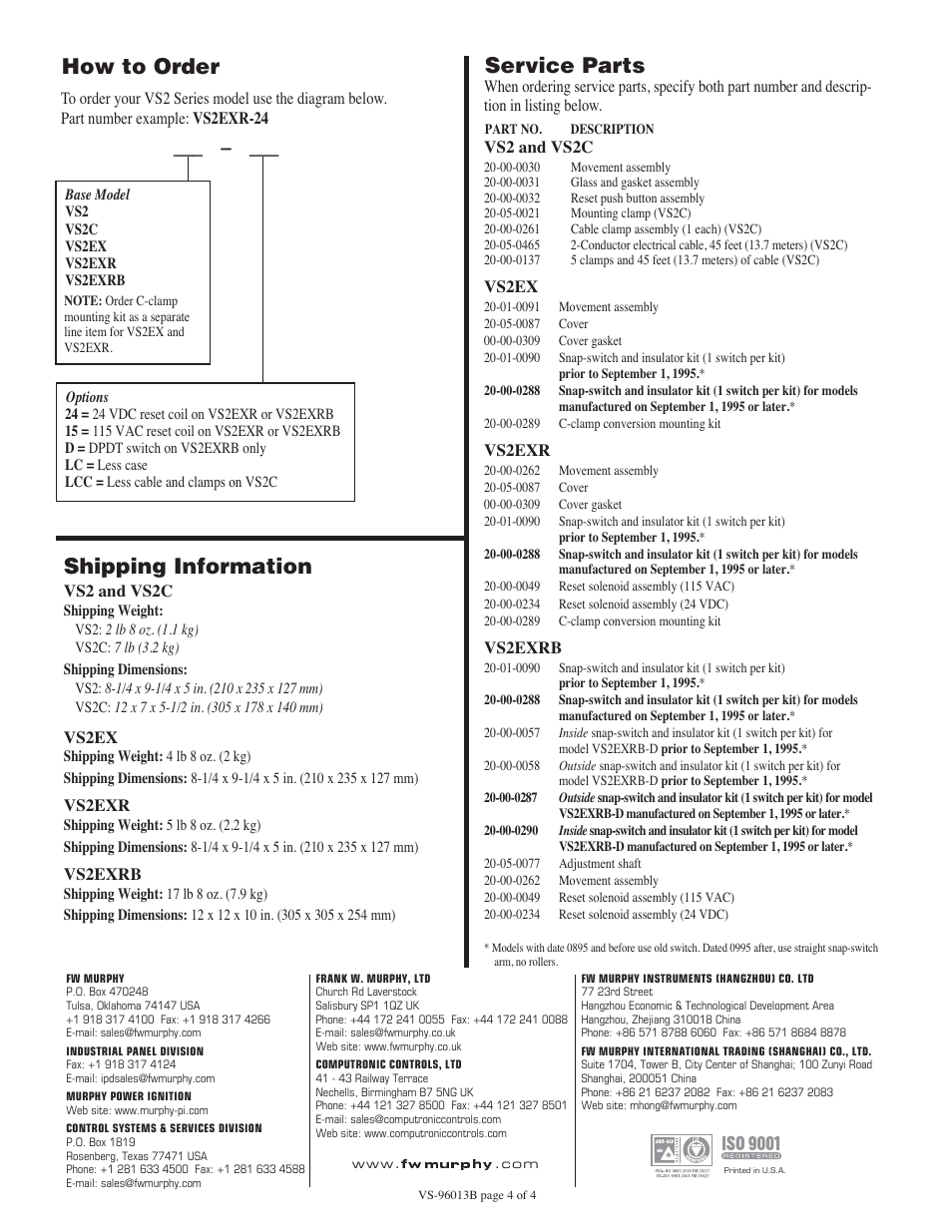 Fwmurphy, How to order, Service parts | Shipping information | Murphy VS2 Series User Manual | Page 4 / 4