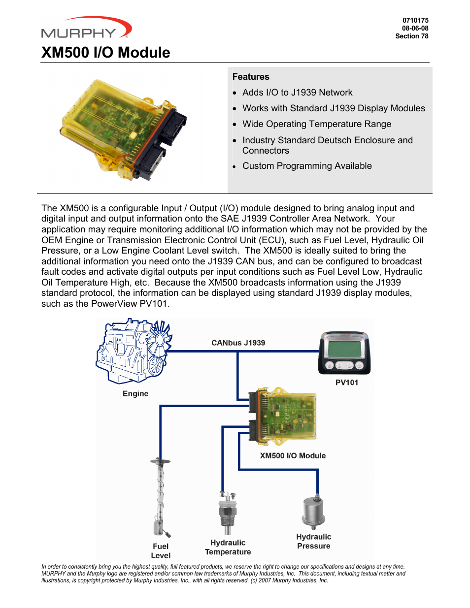 Murphy I/O Module XM500 User Manual | 2 pages