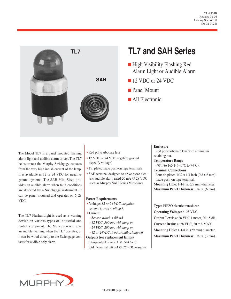 Murphy Flasher Alarm Light and Mini-Siren SAH User Manual | 2 pages